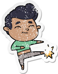 distressed sticker of a happy cartoon man kicking
