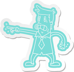 cartoon sticker man pointing looking worried