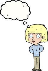 cartoon staring woman with thought bubble