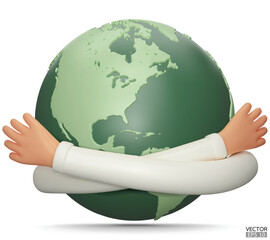 Happy Earth Day. Hands hug planet Earth. Concept of World Environment Day, Save the Earth, Protect environmental and eco-green life. 3D vector cartoon illustration.