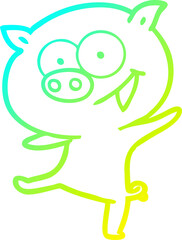 cold gradient line drawing of a cheerful dancing pig cartoon