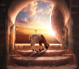 Easter concept: a lamb in Empty tomb stone with cross on  sunrise background