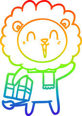 rainbow gradient line drawing of a laughing lion cartoon with christmas present