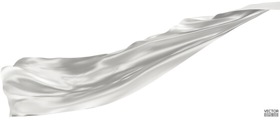 Flying white silk textile fabric flag background. Smooth elegant white Satin Isolated on white Background for grand opening ceremony. White curtain. 3d vector illustration