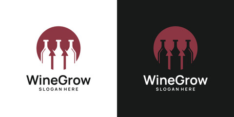 Wine bottle logo design template with growth investment finance design graphic vector illustration. Symbol, icon, creative.