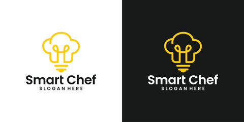 Smart chef logo design template. Chef hat logo with light bulb with line style design graphic vector illustration. Symbol, icon, creative.