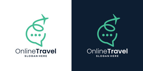 Online travel logo design template. Chat bubble logo with plane design graphic vector illustration. Symbol, icon, creative. - obrazy, fototapety, plakaty