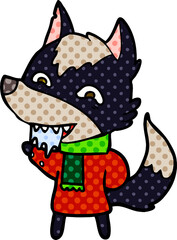 cartoon hungry wolf in winter clothes