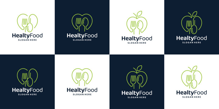 Collection of health food logo design template. heart love logo with leaf fork design graphic vector. Symbol, icon, creative.