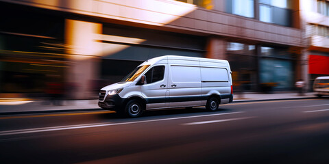 Fototapeta na wymiar Van on the road with motion blur background. Freight transportation.