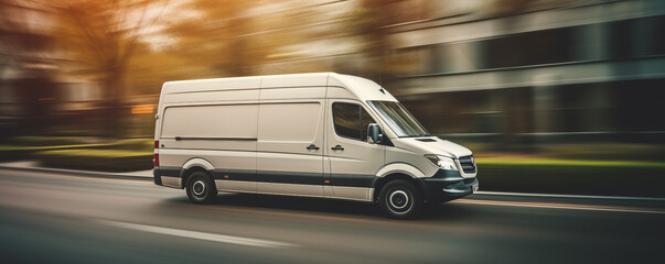 White commercial delivery van on the road in motion blur. Blurred background.