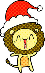 happy hand drawn comic book style illustration of a lion wearing santa hat