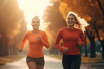 Zwei junge Frauen joggen in Sportkleidung, Fitness und Bewegung, erstellt mit generativer KI - 689238703
