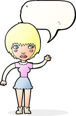 cartoon waving woman with speech bubble