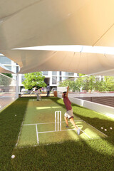 Open city sports grounds for playing football, stadium, weight training equipment, top view, General plan. 3D Rendering