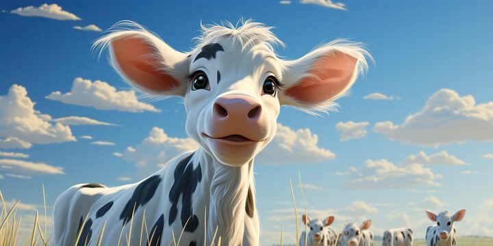 3d cartoon a happy dairy cow in a field of flowers