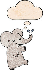 cartoon dancing elephant with thought bubble in grunge texture style