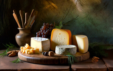Cheese board with different types of cheese on a rustic background