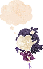 cartoon vampire with thought bubble in grunge distressed retro textured style