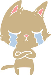 crying flat color style cartoon cat with folded arms