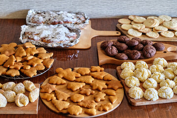 Christmas cookies, gingerbread, stollen on the table.