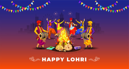 Indian Lohri festival banner poster creative. Punjabi sikh dancing around bone fire on lohri festival.