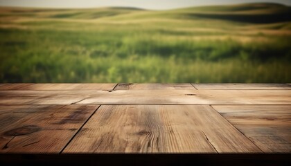Wooden table with blurred farm background on harvesting season.