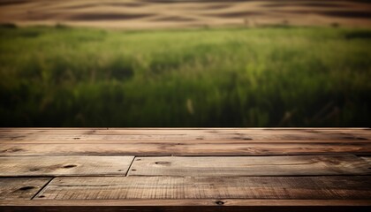 brown wooden table. empty table in front of a field in the morning.