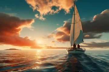Poster sailing boat in the sea at sunset. White sailboat in blue sea at bright sunny summer evening © kilimanjaro 