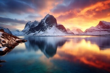 Beautiful landscape with blue sea. snowy mountains. rocks and islands sunrise. islands in Norway. - obrazy, fototapety, plakaty