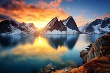 Beautiful landscape with blue sea. snowy mountains. rocks and islands sunrise. islands in Norway. - obrazy, fototapety, plakaty