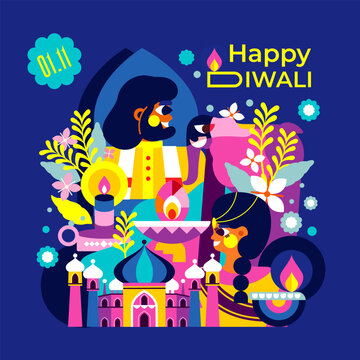Get into the Diwali celebration with this modern illustration!
A cheerful Indian couple, a sea of ​​lights and an elephant create a festive atmosphere.
Experience the essence of Diwali in one design!