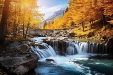 Fototapeta na wymiar Beautiful landscape rapids on a mountains river in autumn forest. Waterfall among the mossy rocks