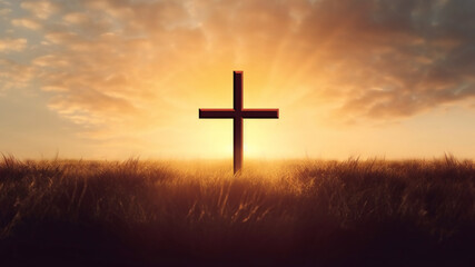 Christian cross on field outdoors at sunrise. Resurrection of Jesus
