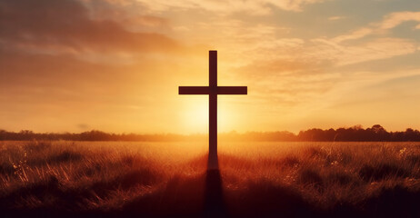 Christian cross on field outdoors at sunrise. Resurrection of Jesus - obrazy, fototapety, plakaty