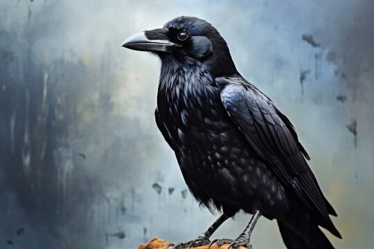 Black crow bird on a grey background. Black feathers. Black raven