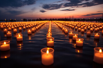 A candlelight vigil held on a calm evening - with a sea of lit candles creating a somber mood - as the community gathers in a symbolic display of light and unity. - obrazy, fototapety, plakaty