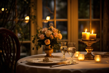 An elegantly set romantic dinner table illuminated by candlelight - with soft flickering flames creating an intimate atmosphere for a fine dining experience.