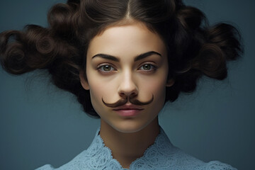 Fototapeta premium Trendy 19th century portrait of a woman with a thick brown mustache in a vintage dress