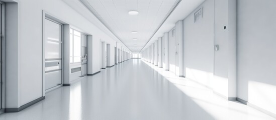 Empty modern hospital corridor, clinic hallway interior background