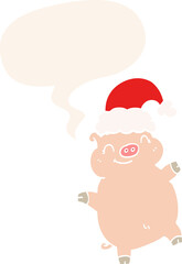 cartoon happy christmas pig with speech bubble in retro style