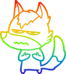 rainbow gradient line drawing of a cartoon annoyed wolf