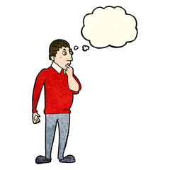cartoon curious man with thought bubble