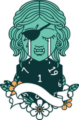 Retro Tattoo Style crying orc rogue character face with natural one d20 dice roll