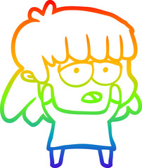 Fototapeta premium rainbow gradient line drawing of a cartoon tired woman