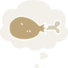 cartoon cooked chicken leg with thought bubble in retro style