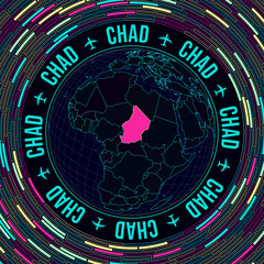 Chad on globe. Satellite view of the world centered on Chad. Bright neon style. Futuristic radial bricks background. Creative vector illustration.