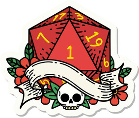 Fototapeta premium sticker of a natural one d20 dice roll