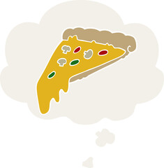 cartoon pizza slice with thought bubble in retro style