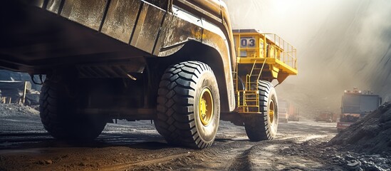 Huge wheels of a yellow dump truck for anthracite coal, dusty wheel tracks , - obrazy, fototapety, plakaty